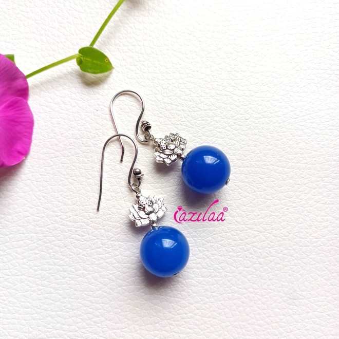 Dainty blue gemstone beaded antique silver tone earrings