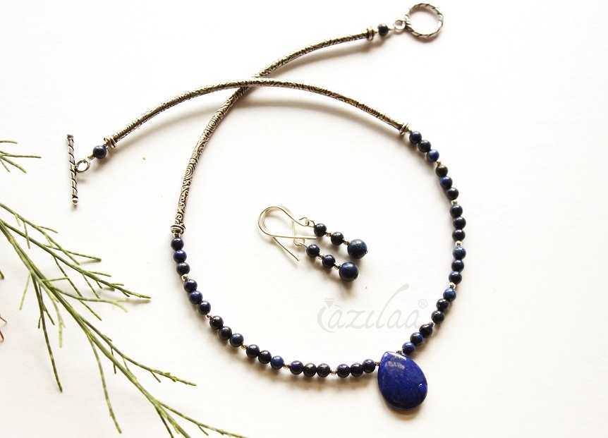 Dainty designer Blue lapis gemstone necklace earrings set
