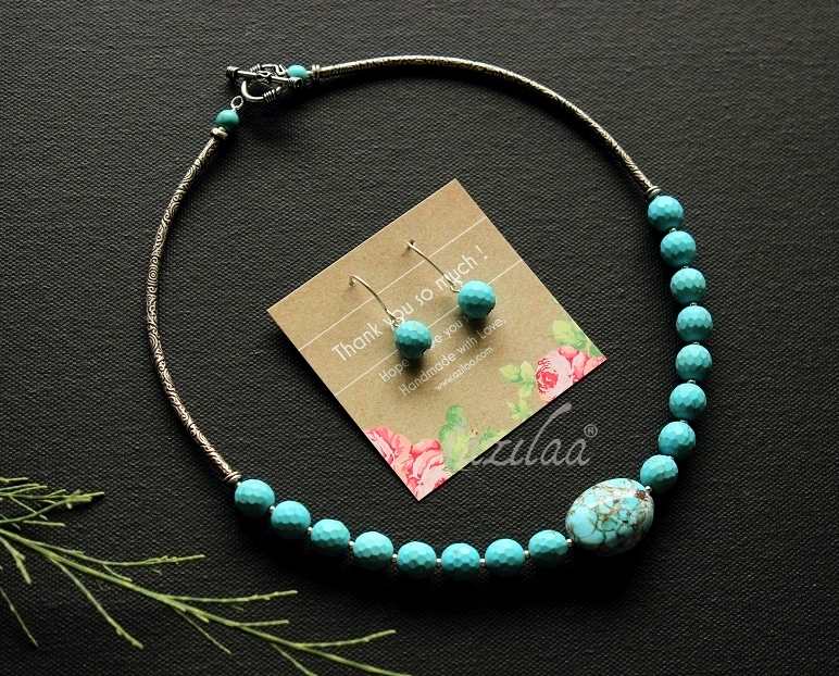 Dainty designer turquoise gemstone necklace earrings set