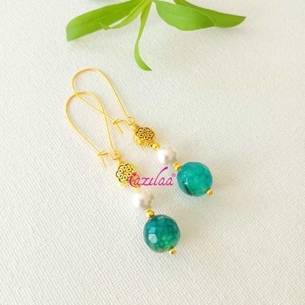 Dainty green gemstone dangler golden earrings