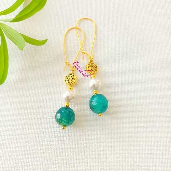 Dainty green gemstone dangler golden earrings