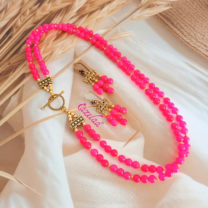Dainty hot pink beaded necklace earrings set