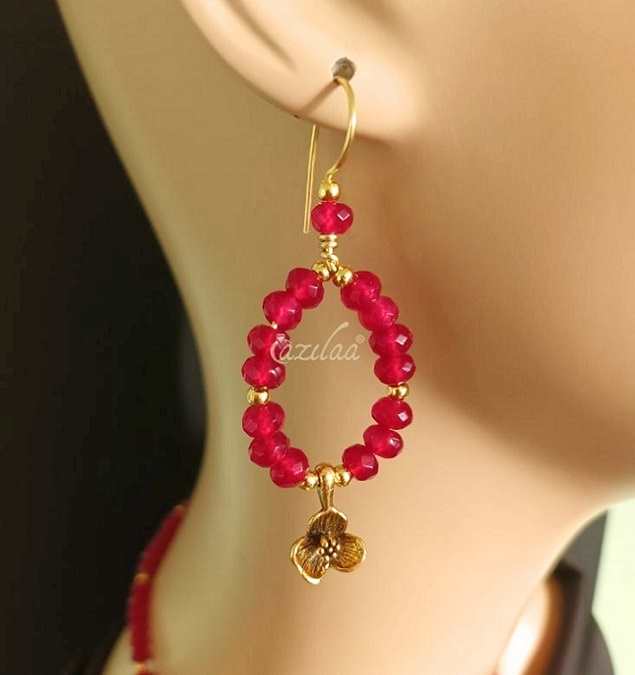 Flower charm Maroon beaded necklace earrings set