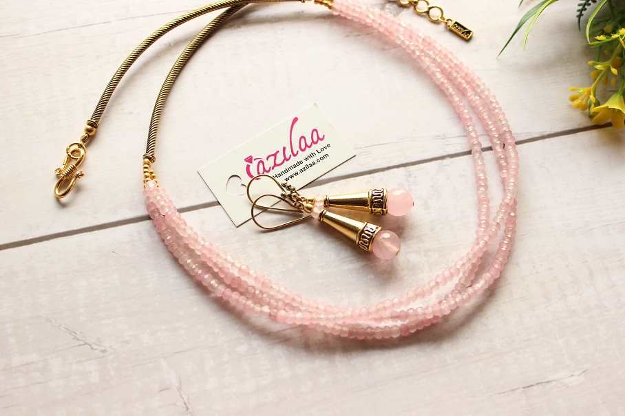 Dainty pastel pink antique golden necklace earrings 