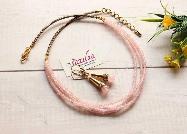 Dainty pastel pink antique golden necklace earrings 