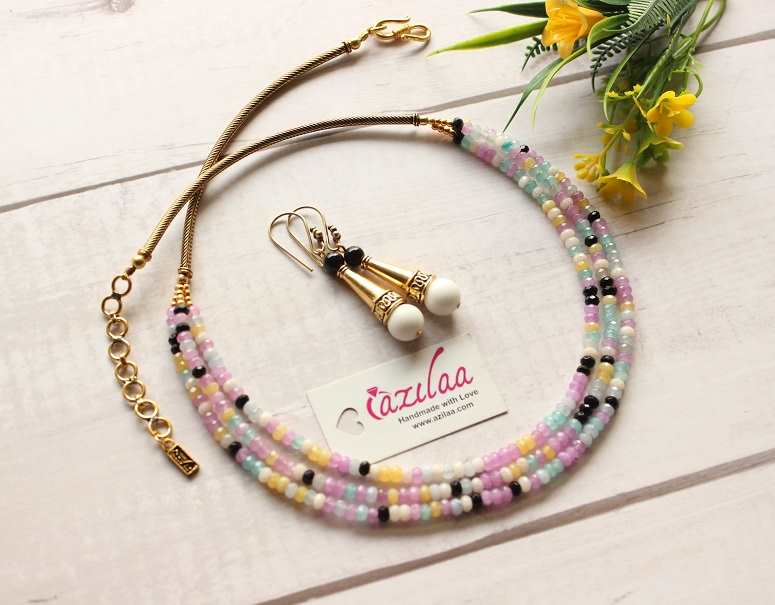 Dainty pastels antique golden necklace earrings 