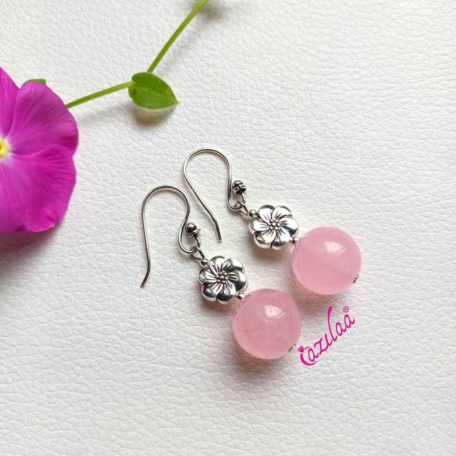 Dainty pink gemstone beaded antique silver tone earrings