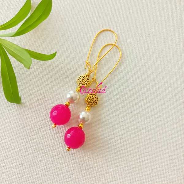 Dainty pink gemstone dangler golden earrings