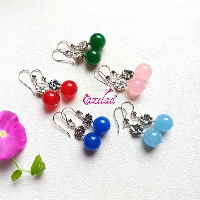 Dainty red gemstone beaded antique silver tone earrings