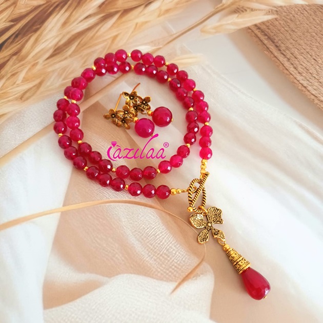 Dainty reddish marron beaded charm necklace earrings set