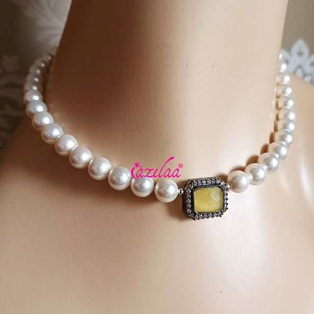 Dainty white pearl CZ yellow pendant necklace earrings