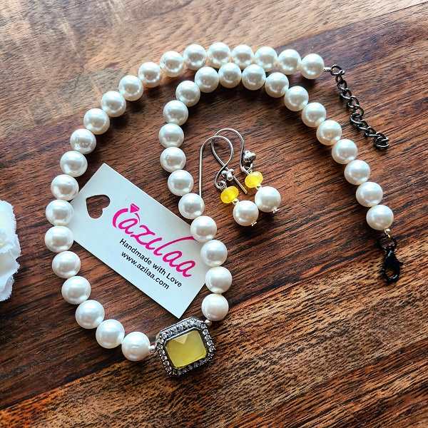 Dainty white pearl CZ yellow pendant necklace earrings