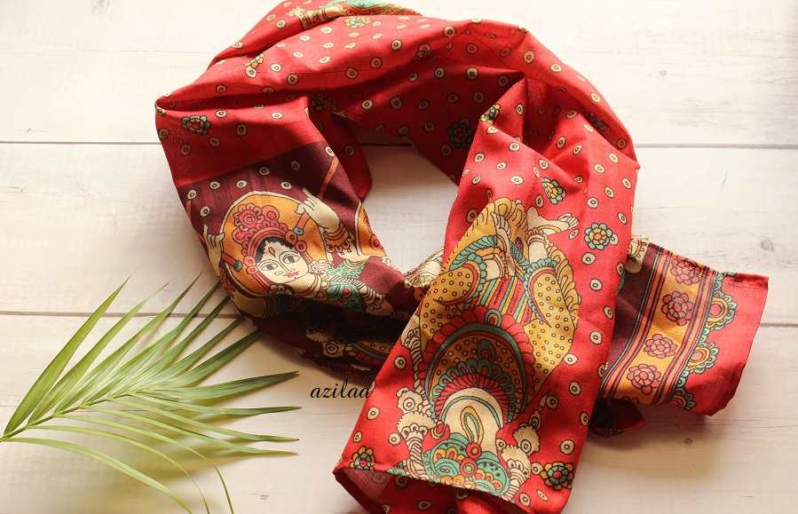 Dancer lady  Madubani art rust  red Tusser silk scarf 