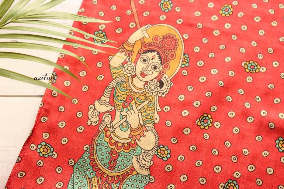 Dancer lady  Madubani art rust  red Tusser silk scarf 