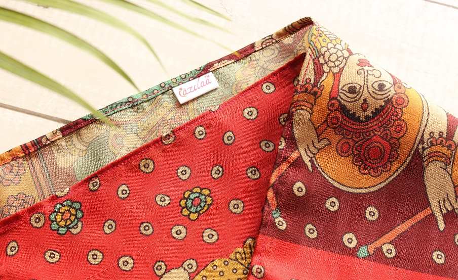 Dancer lady  Madubani art rust  red Tusser silk scarf 