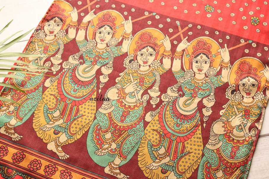 Dancer lady  Madubani art rust  red Tusser silk scarf 