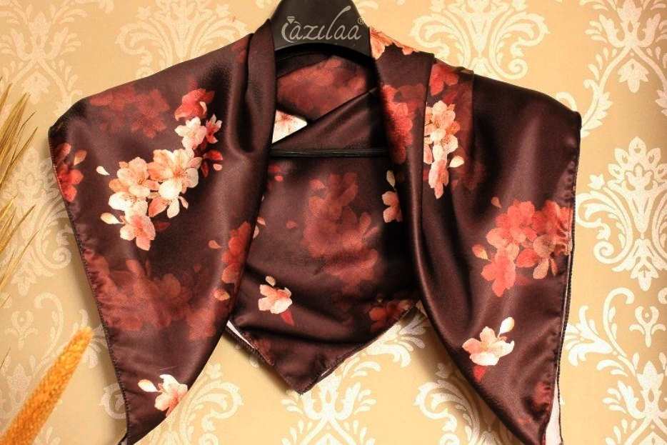 Premium Dark Brown warm floral square satin scarf