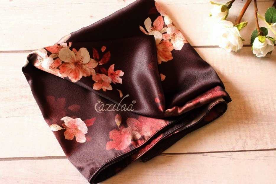 Premium Dark Brown warm floral square satin scarf