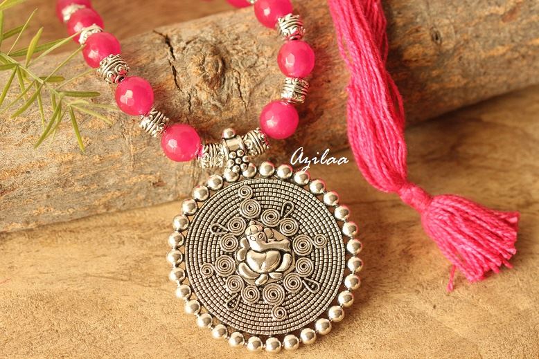 Dark Pink Ganesha gemstone artisan handmade necklace set