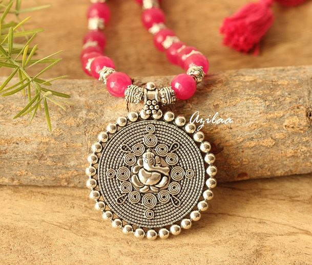 Dark Pink Ganesha gemstone artisan handmade necklace set