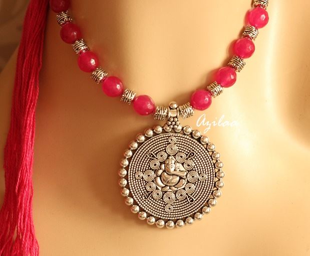 Dark Pink Ganesha gemstone artisan handmade necklace set