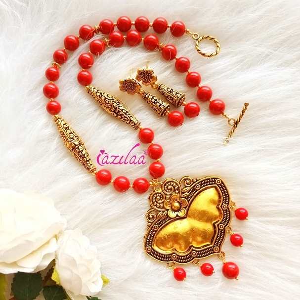 Dark Red Pearl designer golden necklace earrings set
