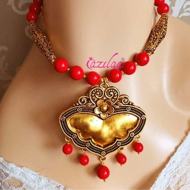 Dark Red Pearl designer golden necklace earrings set