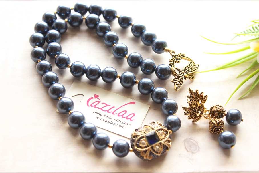 Dark blue Pearl designer golden necklace earrings set