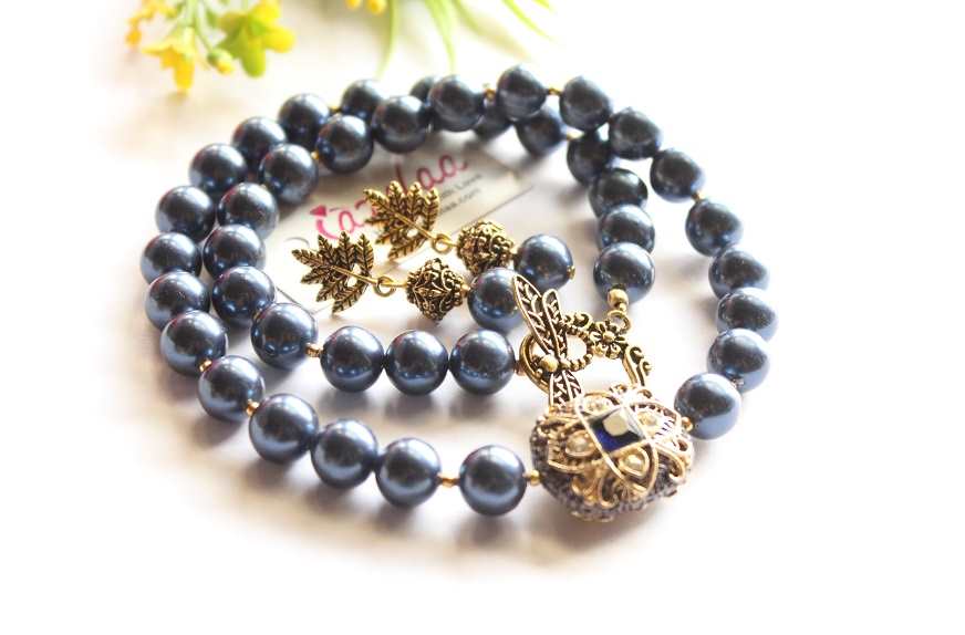 Dark blue Pearl designer golden necklace earrings set