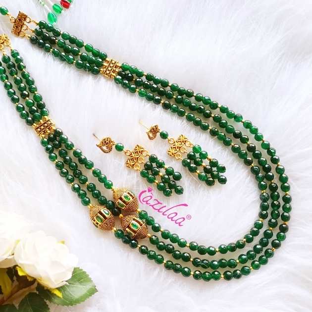 Dark green multi layered necklace earrings set 