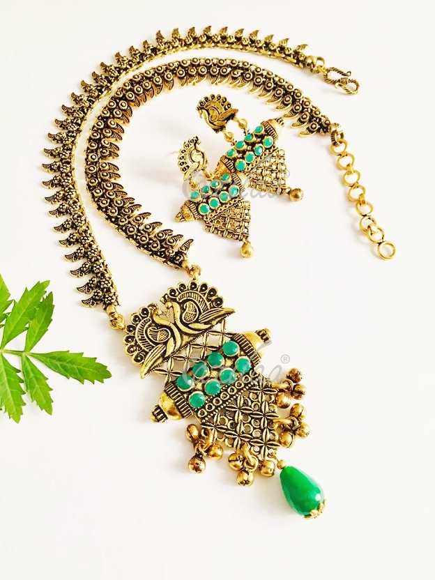 Dark green peacock Statement handmade necklace set