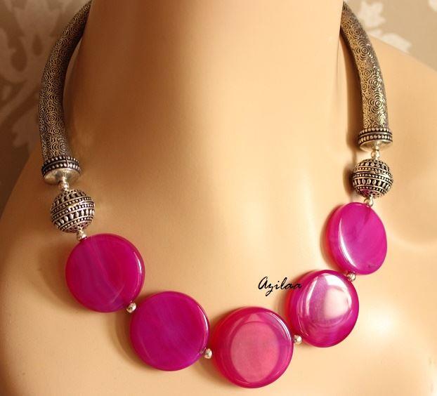 Dark pink ethnic style gemstone beaded necklace 