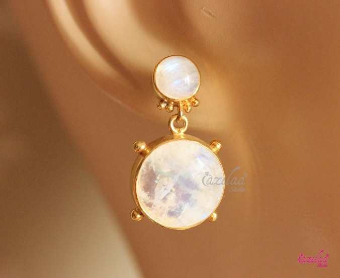 Designer 18 karat yellow gold rainbow moonstone handmade earrings