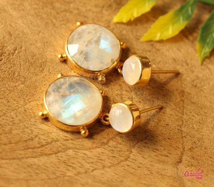 Designer 18 karat yellow gold rainbow moonstone handmade earrings