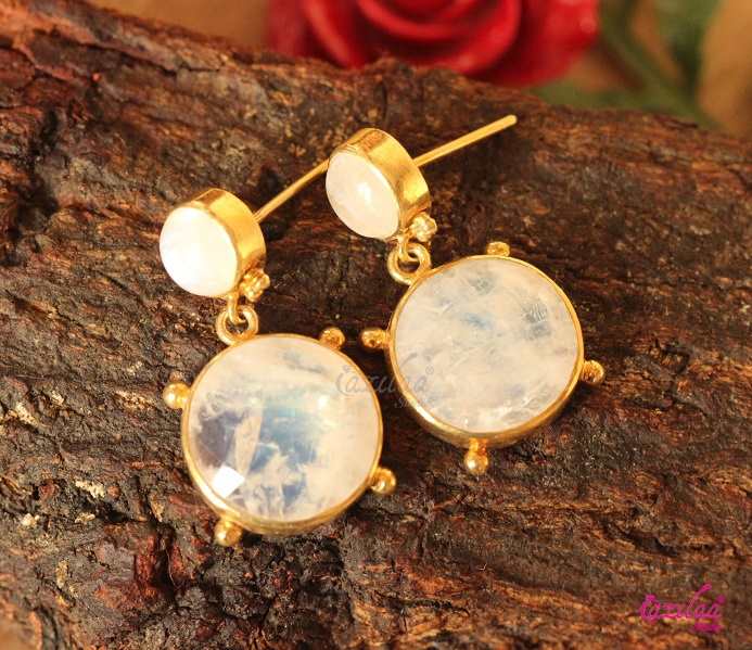 Designer 18 karat yellow gold rainbow moonstone handmade earrings
