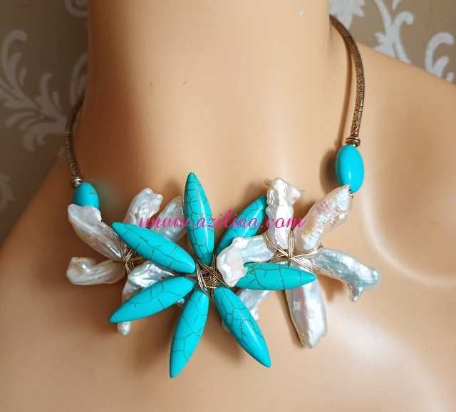 Designer Biwa pearl turquoise blue necklace earrings set