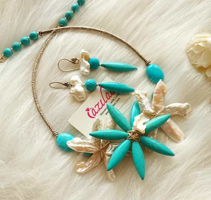 Designer Biwa pearl turquoise blue necklace earrings set