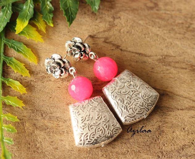 Flower Designer silver Hot pink gemstone earrings