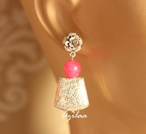Flower Designer silver Hot pink gemstone earrings