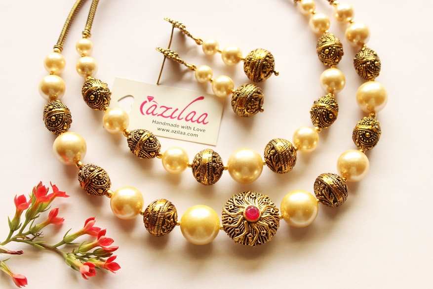 Designer Golden pearl necklace set, Antique gold tone necklace