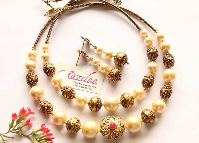Designer Golden pearl necklace set, Antique gold tone necklace