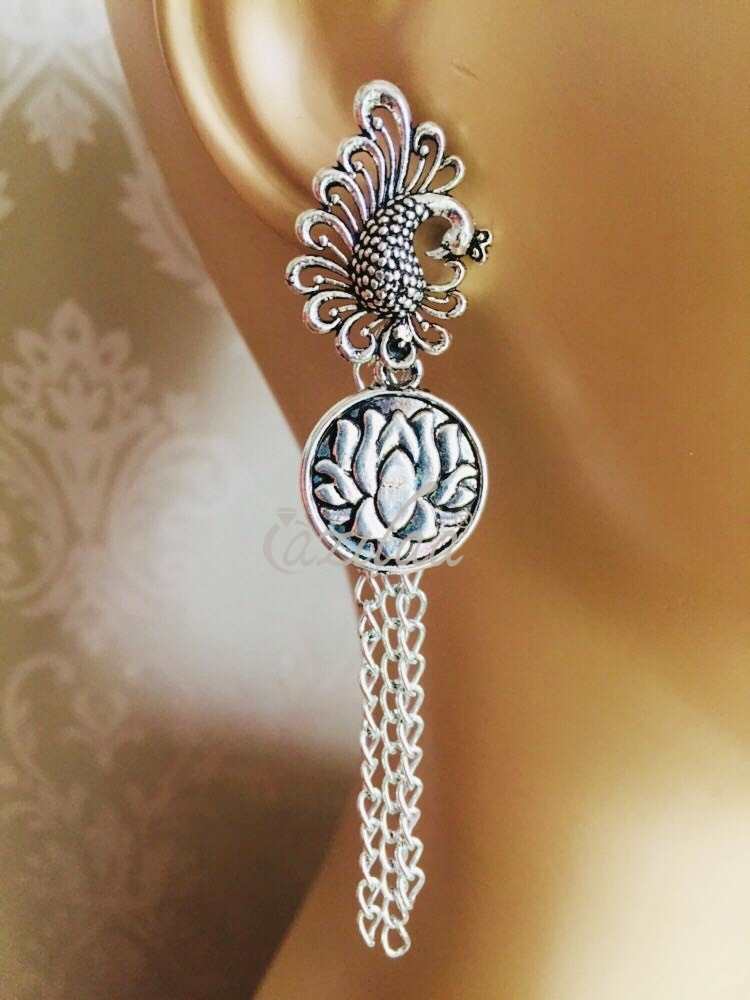 Designer Lotus Peacock designer antique silver plated earrings