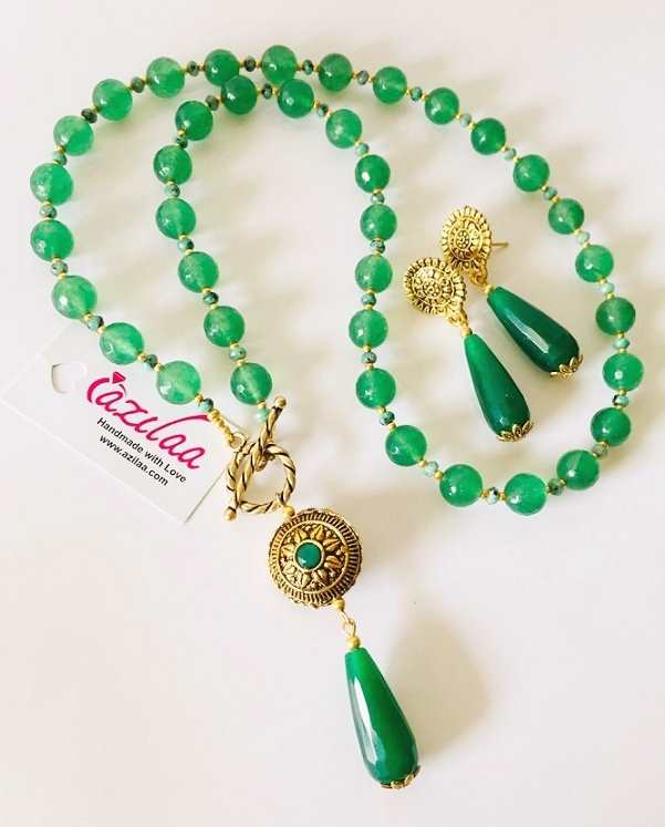 Designer green necklace earrings Antique gold necklace set