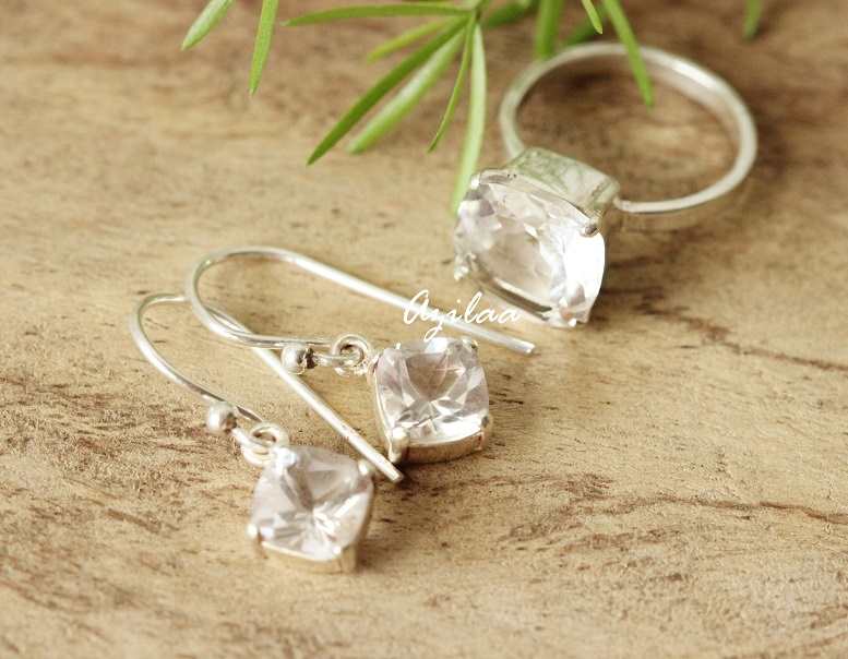 Designer Natural crystal ring earrings set silver gemstone 