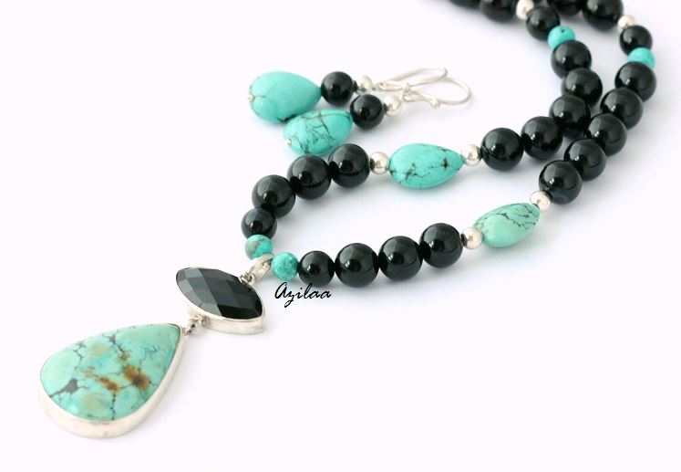 Designer Natural turquoise black onyx necklace earring set