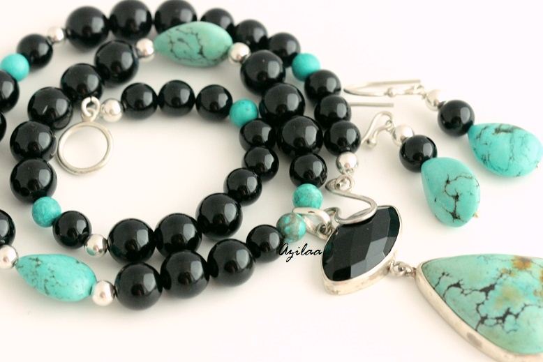 Designer Natural turquoise black onyx necklace earring set