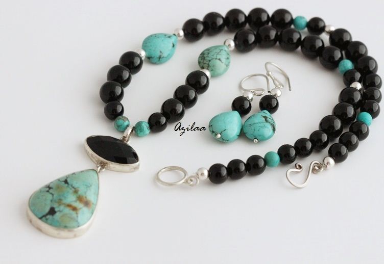 Designer Natural turquoise black onyx necklace earring set