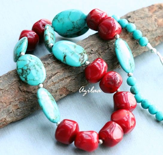 Designer Natural turquoise red coral gemstone handmade necklace