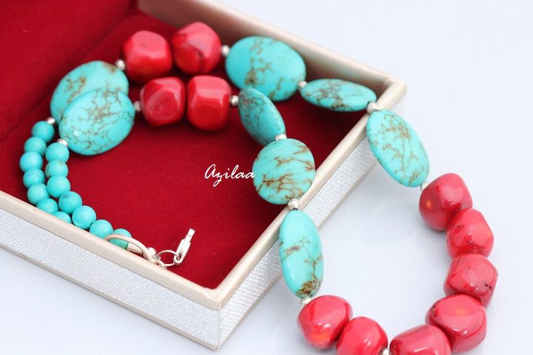 Designer Natural turquoise red coral gemstone handmade necklace