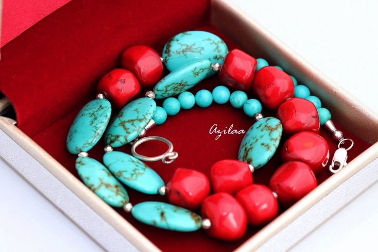Designer Natural turquoise red coral gemstone handmade necklace